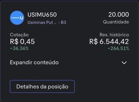 Posição USIMU650 com resultado histórico de +266,51%