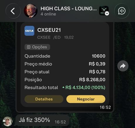 Posição CXSEU21 com resultado de 100% e membro relatando 350% no chat
