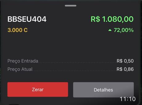 Posição BBSEU404 com +72% de resultado