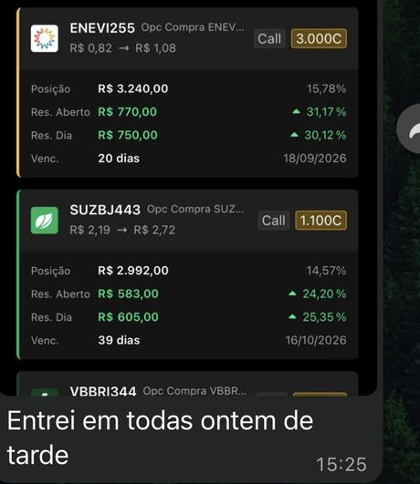 Print de carteira com múltiplas posições em lucro